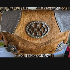 Brown and Gray Women's Bag with Decorative Emblem